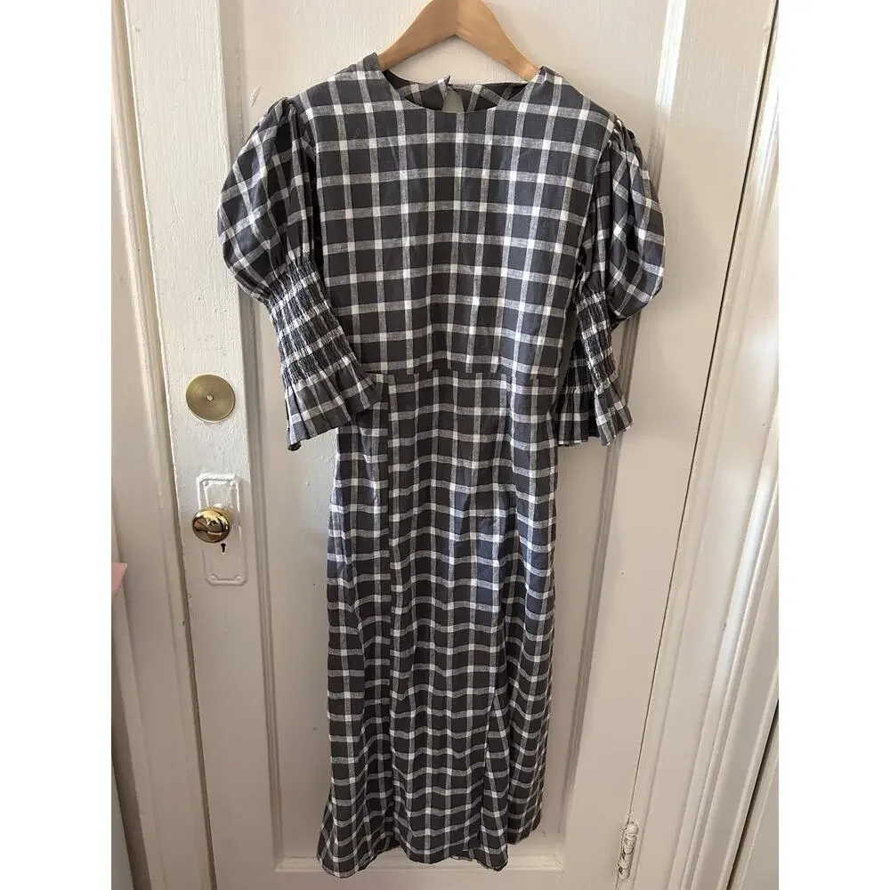 Nary Resort Gray‎ Plaid Puff Sleeve Dress Tie Back Slit | L - Picture 4 of 6